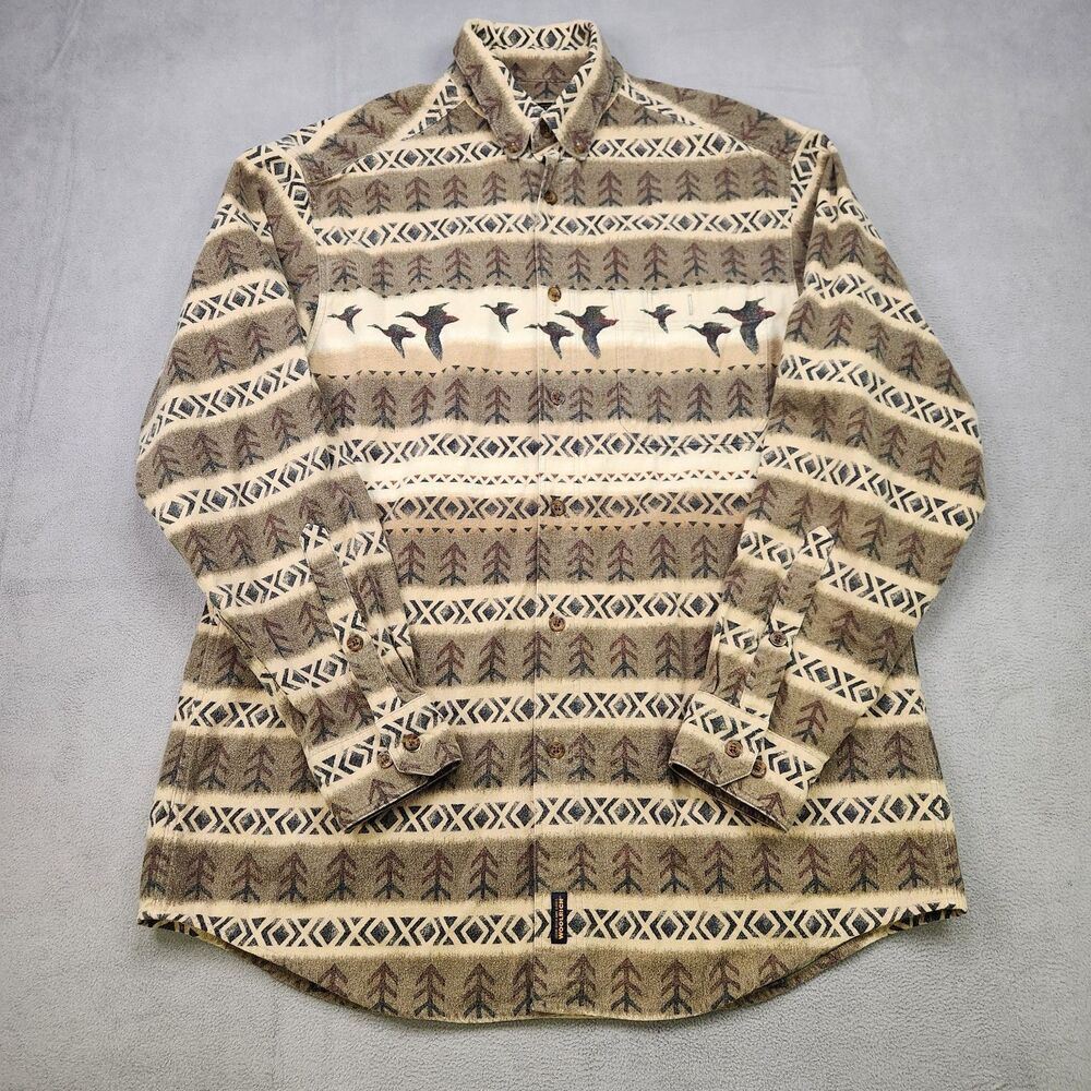Vintage Woolrich Shirt Mens XL Green Flannel Ducks Geometric Button Down Hunting